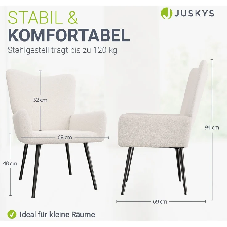 Juskys Ohrensessel Odense ohne Hocker, TV- & Lesesessel in Bouclé, hohe Lehne, Metallbeine, komfortabler Stoffbezug, pflegeleicht – Beige – Bild 6