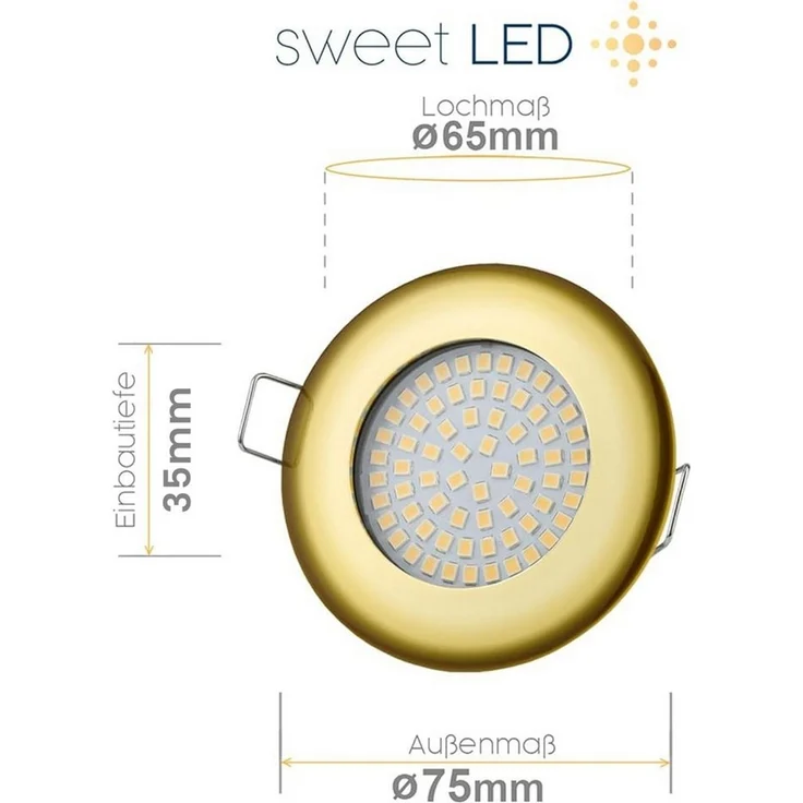 Sweet LED LED Einbaustrahler 6er Set LED Einbauspots Flach rund 5 W gold 230V dimmbar, LED fest integriert, 3000K, warmweiß, Deckenspots, Deckenstrahler, Einbauleuchten