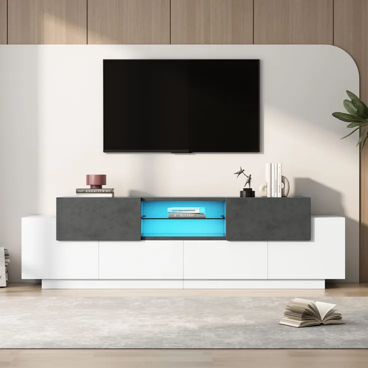 LED TV-Schrank mit RGB-Beleuchtung 180x40x45 cm, Weiß/Grau, App-steuerbar, mit Glasböden