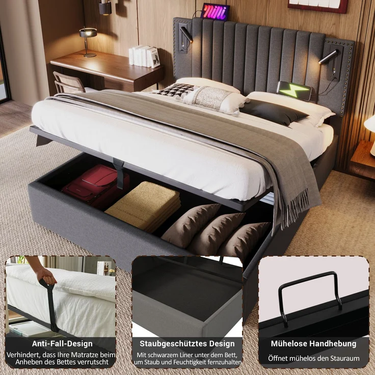 TavilaEcon Boxspringbett mit verstellbarem Kopfteil, Polsterbett Grau Liegefläche 140 × 200 cm – Bild 8