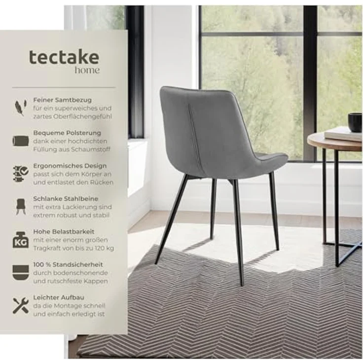 tectake Esszimmerstuhl Set Stuhl (2er Set, 2 St), gepolstert, in Samtoptik – Bild 5