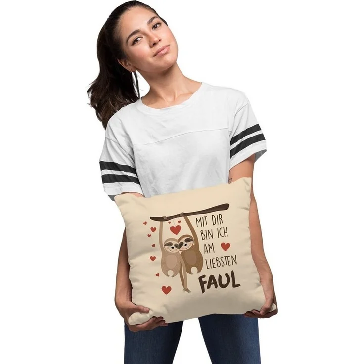 MoonWorks Dekokissen Kissen-Bezug Spruch Mit dir bin ich am liebsten faul Faultier Geschenk Liebe Freundschaft Valentinstag Geburtstag Freund Freundin MoonWorks® – Bild 3