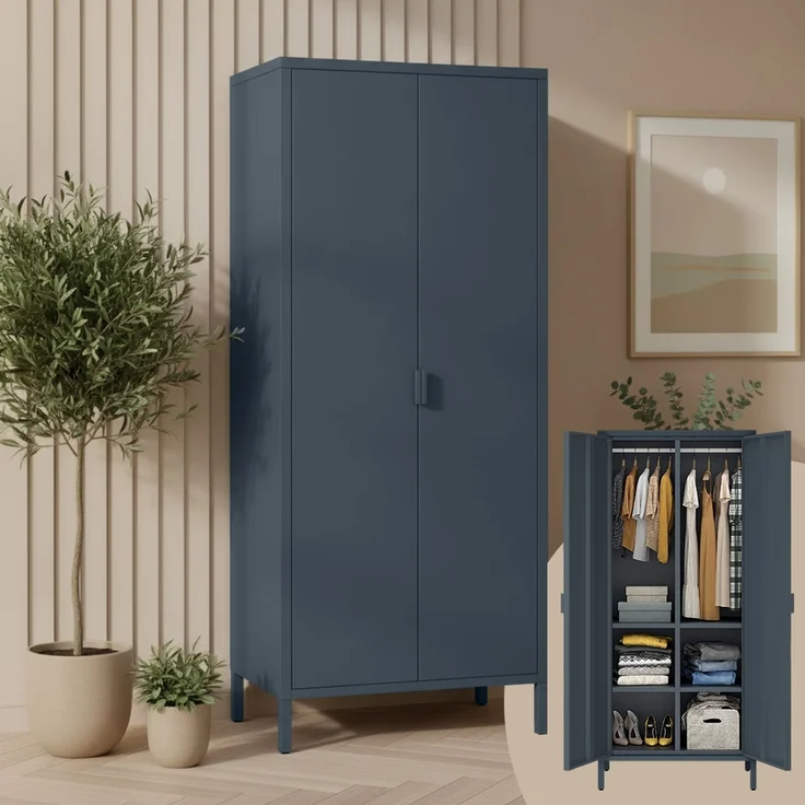 skølm 'Ituri' Kleiderschrank, Metall, 170x45x80 cm, anthrazit, Garderobe mit 4 Fächern und 2 Kleiderstangen – Bild 1