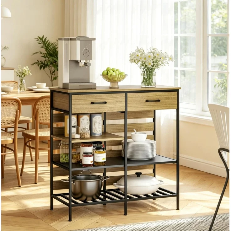 Küchenbuffet 90x40x91 cm mit 2 Schubladen und 3 offenen Ablagen – Natur und Schwarz – Bild 2