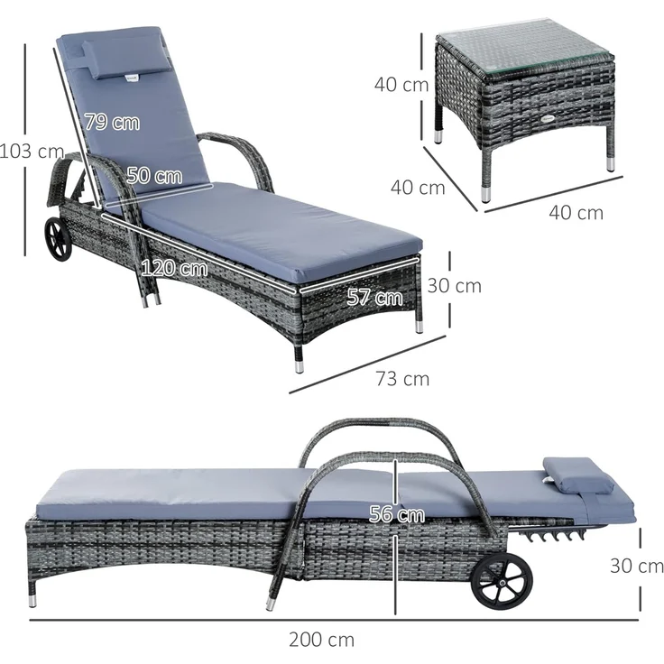Outsunny Gartenlounge-Set 3er-Set, Polyrattan+Metall, (Liege, 3-tlg, Sonnenliege), Stabile Bauweise, Für Outdoor gemacht – Bild 5