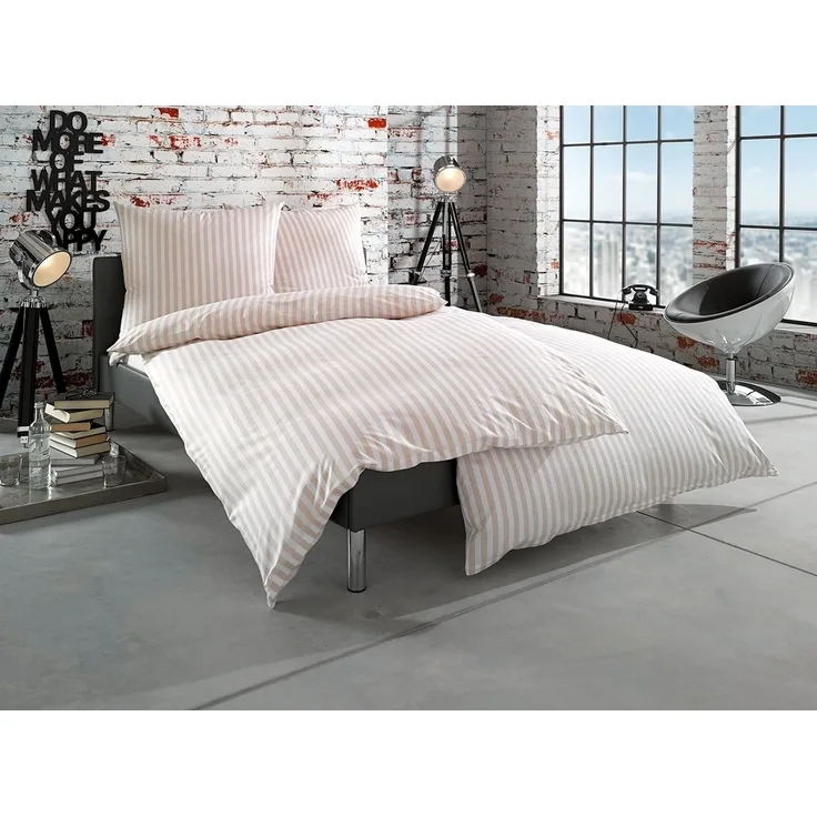 Bettwaesche-mit-Stil Mako-Batist Landhaus Bettwäsche „Oslo“ Streifen beige Kissen 40x80