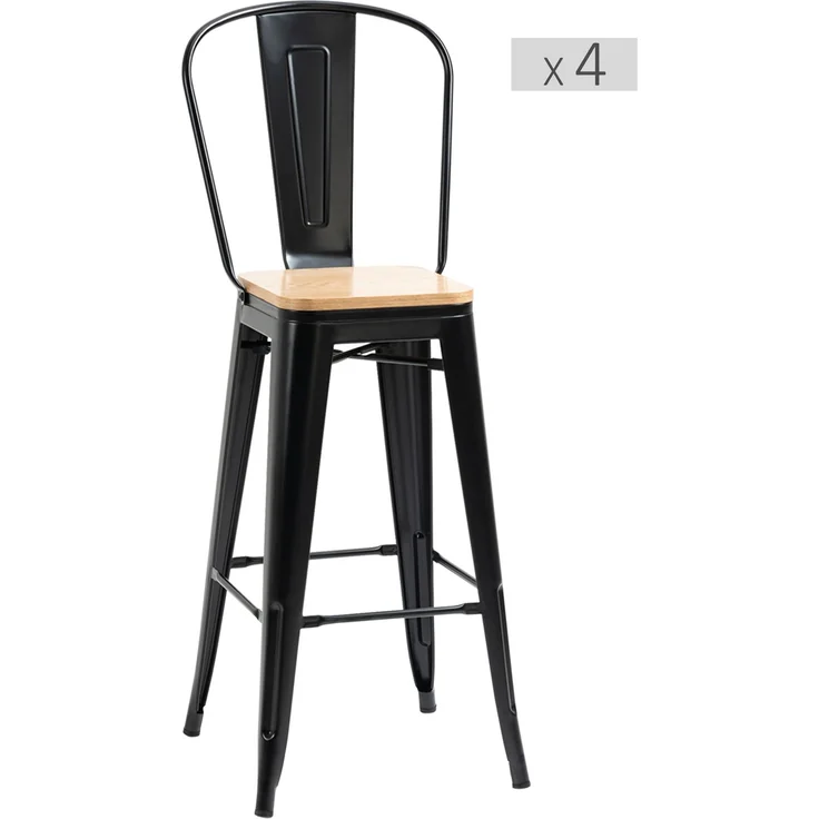 4er-Set Barhocker im Industriestil mit Rückenlehne und Fußstütze, Sitzhöhe 76 cm, schwarzes Metall, mehrschichtige Platten in heller Holzoptik – Bild 2