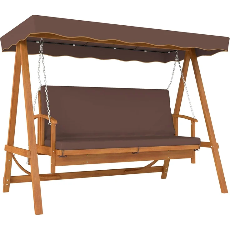 Outsunny Hollywoodschaukel mit Sonnendach, Sitzauflage, bis 330kg, 3-Sitzer, Liegefunktion, 3-Sitzer Gartenschaukel aus Holz, 1 tlg, 2 in 1 Holzschaukel mit Liegefunktion, für Garten, Terrasse, 236x130x181 cm, Braun