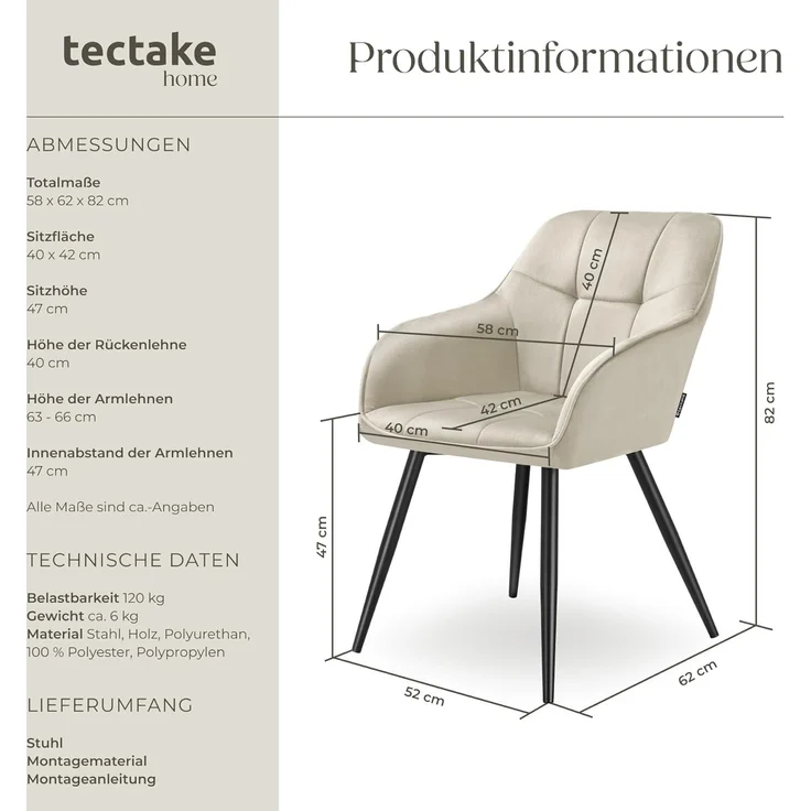 tectake Esszimmerstuhl Marilyn (1er Set, 1 St), gepolstert, in Samtoptik, gesteppt – Bild 3