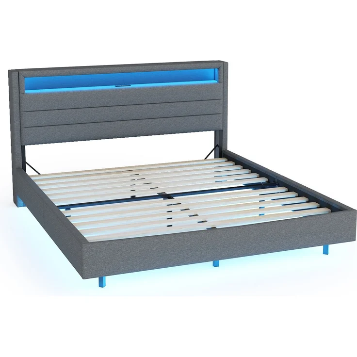 Polsterbett 140x200 cm mit USB-Steckdose und LED-Licht, wendbares Kopfteil, verdecktes Fußteil, Doppelflachbett, Jugendbett, Erwachsenenbett, Leinenstoff grau – Bild 8