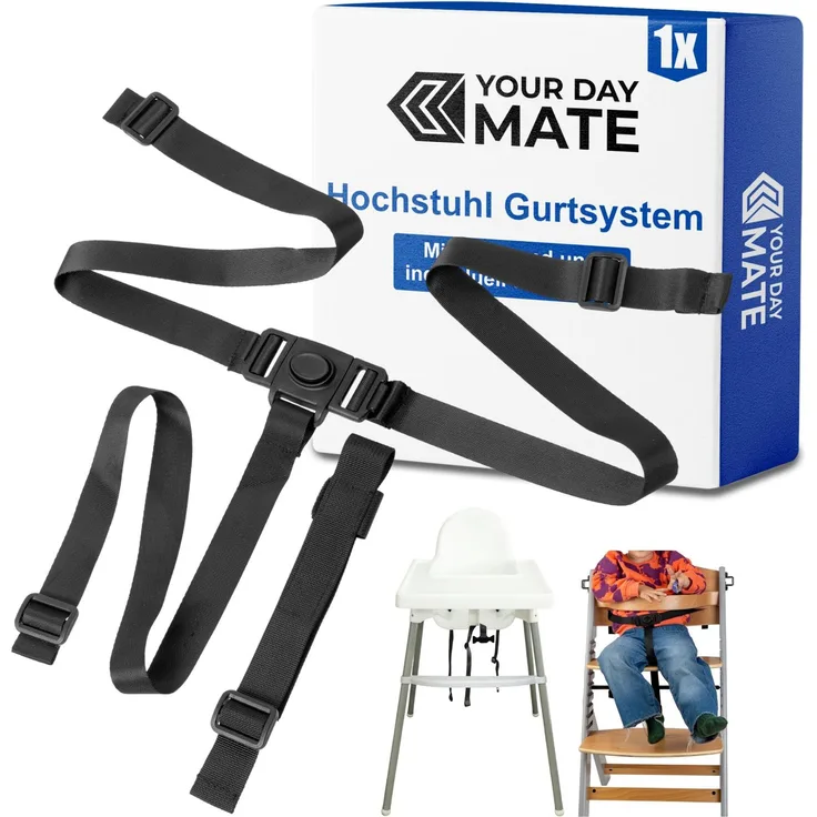 Hochstuhl 3-Punkt Gurtsystem, 1 Set, kompatibel mit IKEA Antilop, IKEA Langur, Kinderkraft ENOCK, Safety 1st Timba, bebeconfort Timba, in Schwarz, verstellbarer Hochstuhlgurt inklusive Schrittgurt