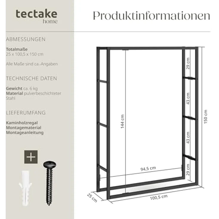 tectake Kaminholzregal Holzlager Tuby, für In- & Outdoor, 100,5x25x150cm, BxTxH:100.5x25x150,00 cm, Industrial-Look – Bild 6