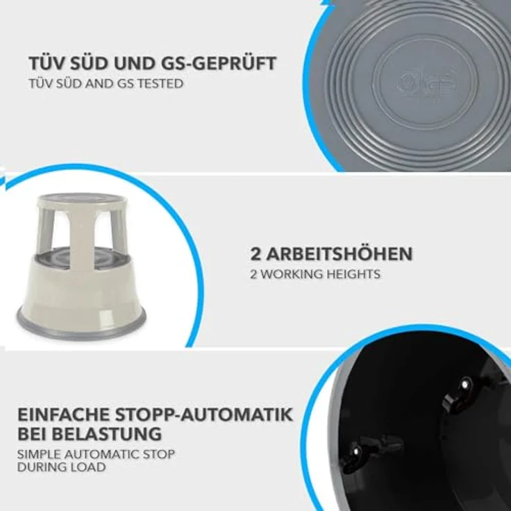 Floordirekt Rollhocker, Tritthocker, Elefantenfuß - Hocker aus Stahl bis 150kg Tragkraft für Büro oder Gewerbe (Lichtgrau, Metall) – Bild 6