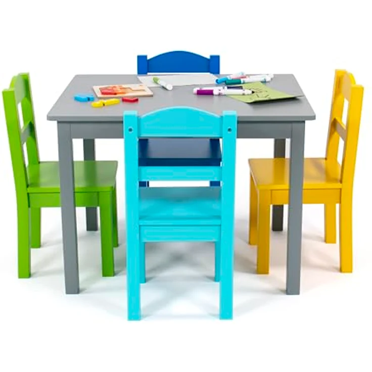 Humble Crew bunter Holztisch für Kinder, Grau/Blau/Grün/Gelb! Mit 4 Stühlen, ideal für Kinderzimmer. Jetzt fröhlichen Spielspaß schaffen! Kaufen – Bild 3