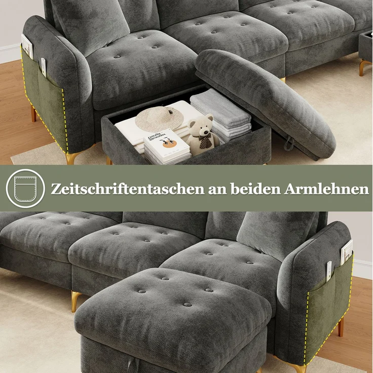 Wohnlandschaft 263x137x85 cm in Grau mit Stauraumhockern und flexibel kombinierbaren Modulen – Bild 8