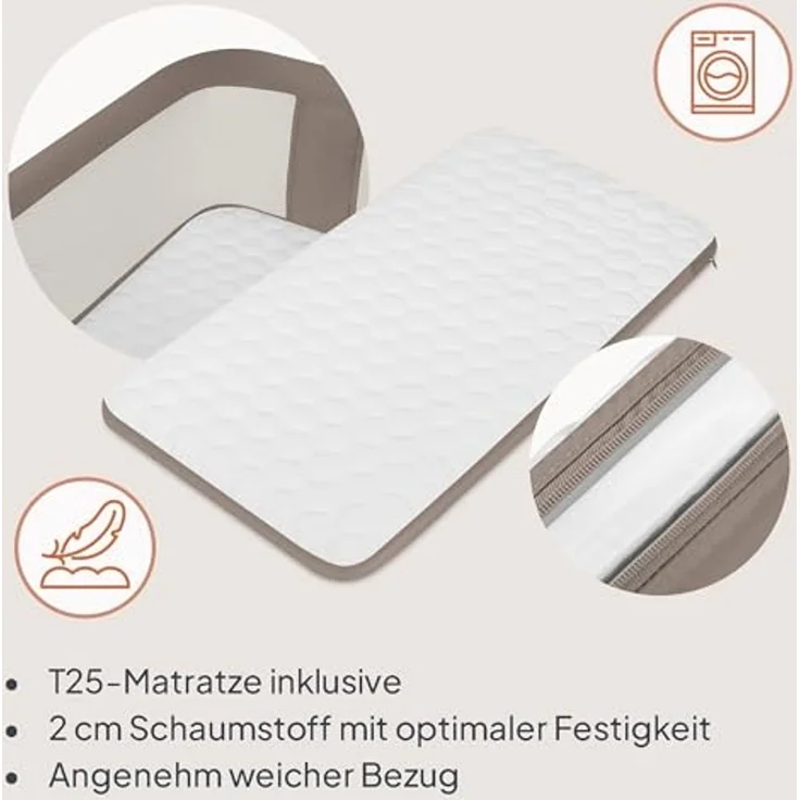 Lionelo Pari Beistellbett 3in1, 6-Fach höhenverstellbar mit Neigungsverstellung für Boxspringbett, als Wiege & Babybett, Netzseiten, Rollen mit Bremse, Matratze, Gurte, Transporttasche, 84x48 cm – Bild 5