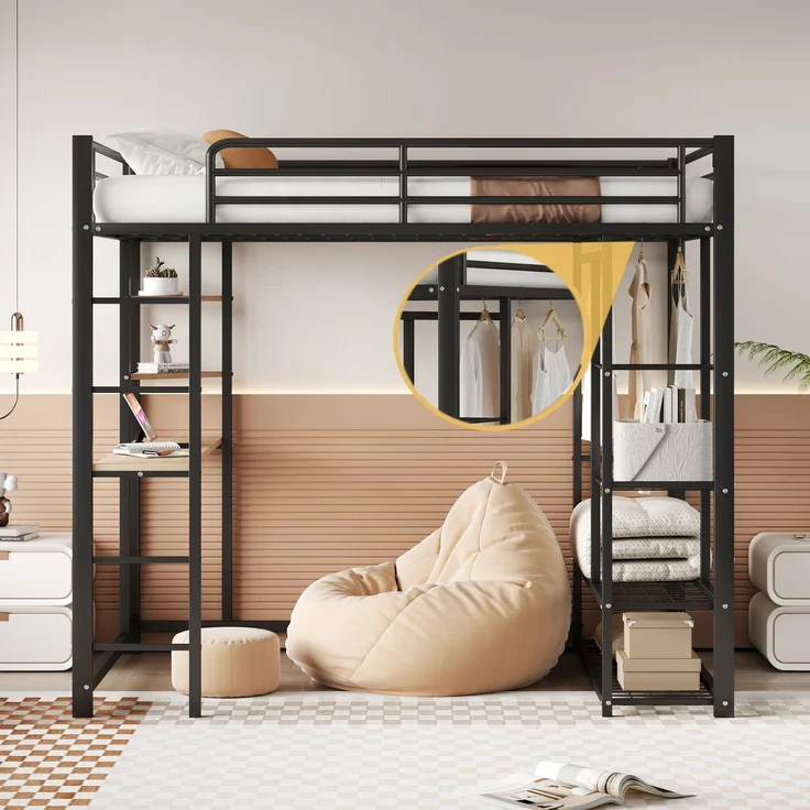 ZUBALIYA Metall-Hochbett mit Leiter 140x200 cm, Juniorbett Doppelbett mit Tisch mit einfachen Kleiderbügeln mit Ablagefächern, Schwarz – Bild 7
