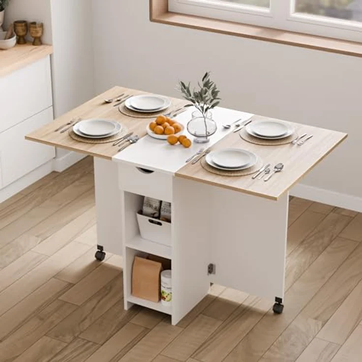 Mondeer Esstisch Klappbar, Küchentisch mit 1 Schublade und 2 Ablagen für 2-4 Personen, Klapptisch Esszimmertisch mit Rollen für Kleine Räume, Esszimmer, Küche, 72 x 120 x 75 cm, Eiche und Weiß – Bild 3