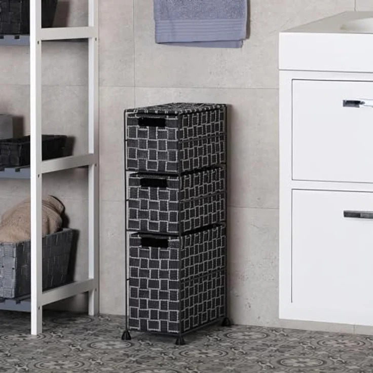 Versa Nilo Zusatzmöbel für das Badezimmer, Badezimmerregal mit 3 Aufbewahrungskörben, Maße (H x L x B) 57 x 15,5 x 28 cm, Texturierter Kunststoff, Schwarz – Bild 3