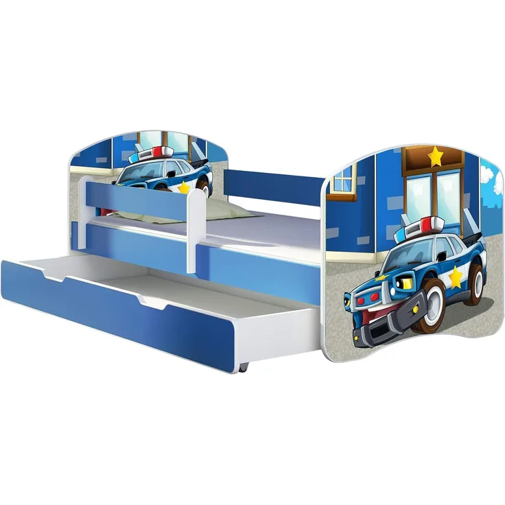 ACMA Kinderbett Jugendbett mit Einer Schublade und Matratze Blau mit Rausfallschutz Lattenrost II 140x70 160x80 180x80 (38 Polizei, 180x80 + Bettkasten)