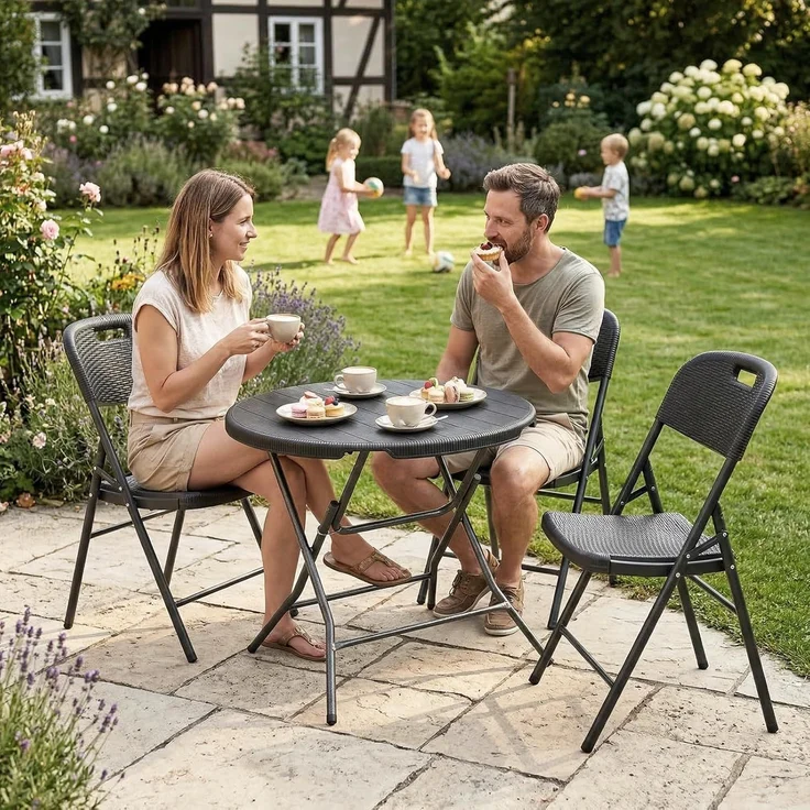 Sekey Klappstuhl 2er Set, Klappstühle aus Kunststoff und Metall, Campingstuhl Gartenstuhl Klappbar bis 150KG, Schwarz Rattanoptik – Bild 2