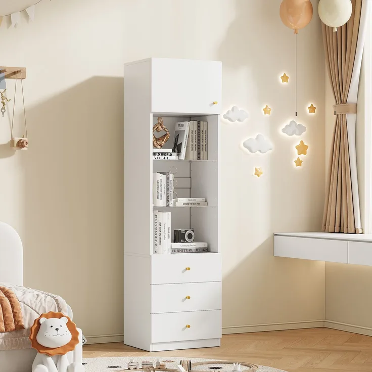 Vitrine 50 x 40 x 180 cm aus MDF und Glas, mit verstellbaren Glasböden und Schubladen