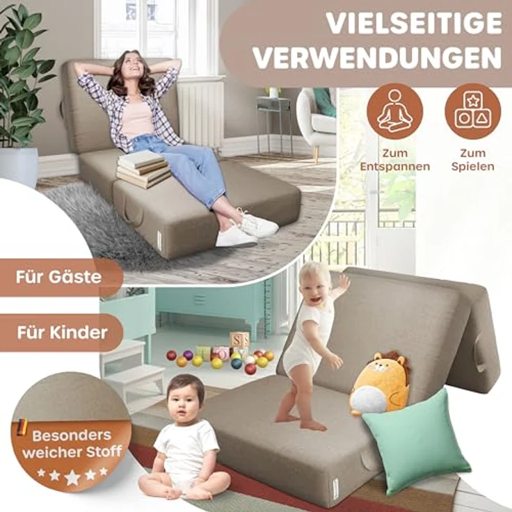 KESSER® Klappmatratze Gästematratze 3-fach Faltmatratze faltbar zum Sitzhocker | Schaumstoff 25kg/m³ extra dick 15cm atmungsaktiv waschbar abnehmbarer Bezug | Matratze inkl. Camping Tragetasche Taupe, 140 x 195 x 15 cm – Bild 8