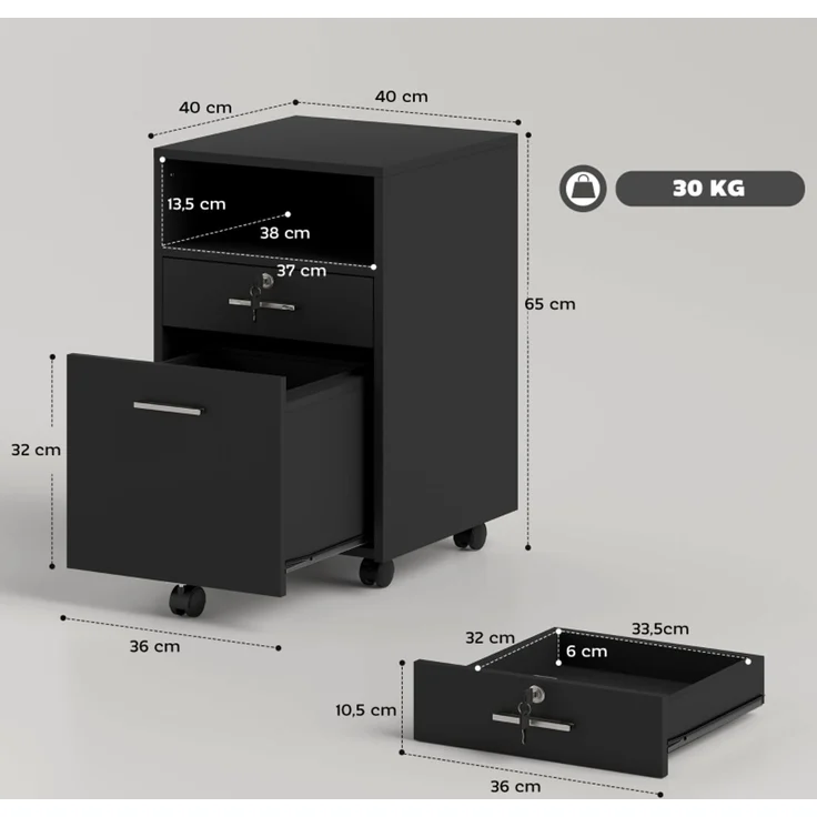 Büroschrank Rollcontainer, 2 Schubladen, eine Schublade abschließbar, 5 Rollen, Schwarz, 40 x 40 x 65 cm--Schwarz--40x40x65cm--YOUDENOVA – Bild 3