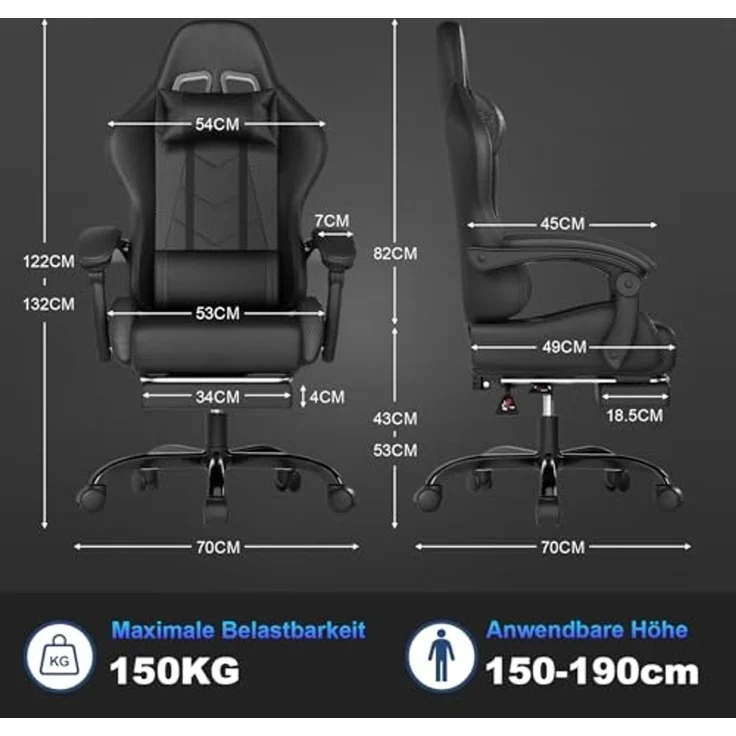 JUMMICO Gaming Stuhl Massage, Bürostuhl Ergonomisch Mit Massage-Lendenkissen, Gamer Stuhl verstellbare Rückenlehne 90-150°,und fußstütze, Gamingstuhl 150 kg belastbarkeit, Schwarz – Bild 3