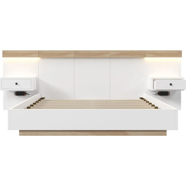 Merax Bettanlage Holzbett 140x200 Doppelbett mit 2 LED Nachtkommoden & 1 USB & 1 Type C & 1 Steckdose & Lattenrost Beige & Weiß