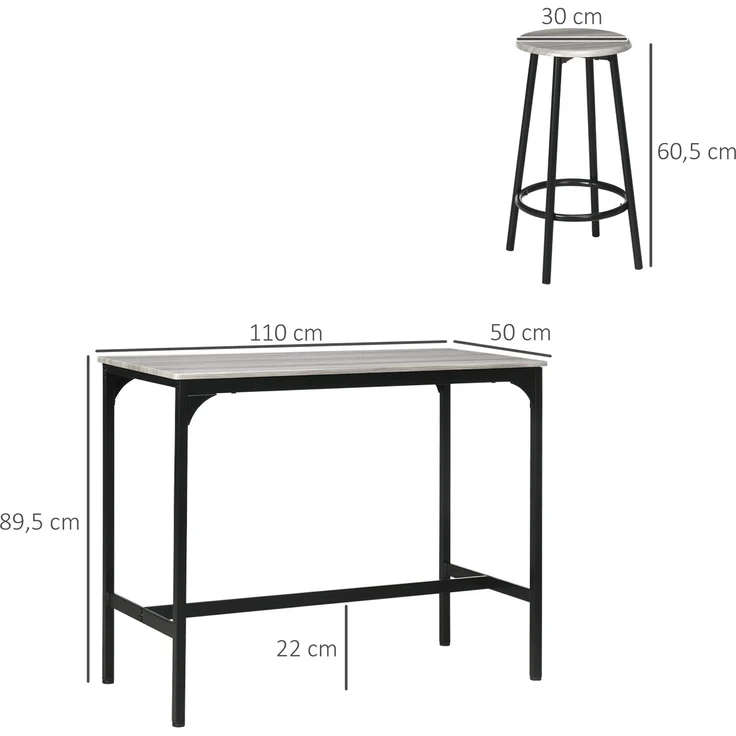 Stehtisch mit 4 Hockern, Fußstützen, schwarzes Metall und Holzoptik, für Küche und Esszimmer, Cecodadi – Bild 5