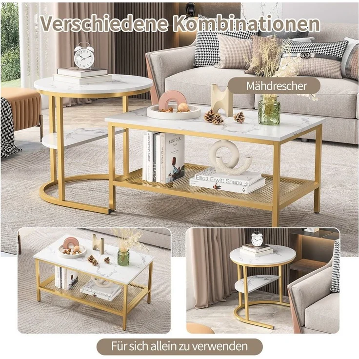 FUROKOY Couchtisch Beistelltisch Sofatisch wohnzimmertisch kaffeetisch 2er set (Runder Tisch Oval), Modern design Couchtisch mit Schwarz beinen,Marmoroptik,Schwarz + Weiß – Bild 2