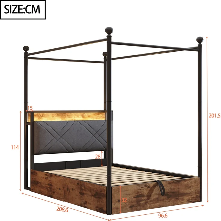 Bett 90x190 cm, Smart-Himmelbett mit hydraulischem Bettkasten, Metalll-Holz-Mix, integrierte LED & USB/Type-C,Schwarz – Bild 4
