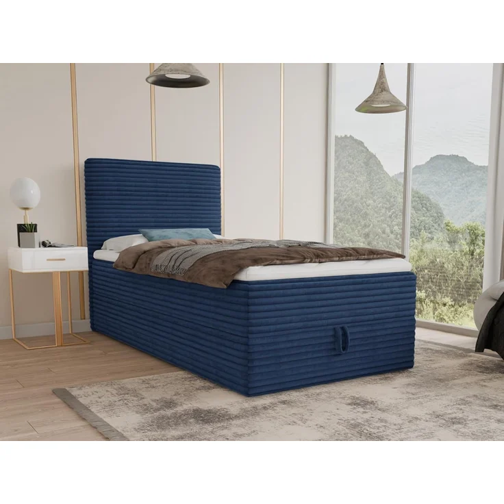 Boxspringbett Mollo Mini mit Bettkasten und Matratzentopper - Einzelbett mit Bonell-Matratze und Topper, Polsterbett in weichem Cordstoff, Bett, Schlafzimmer (Blau (Tilia 77), 80 x 200 cm) – Bild 2