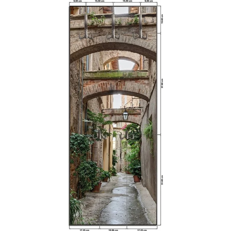 Wallario Garderobenpaneel Grüne italienische Gasse - mit alten Bögen (1-teilig, inkl. Haken), 50x125 cmHolz – Bild 4