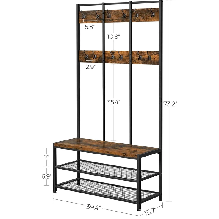 Vasagle große Garderobenständer mit Sitzbank im Industrie Design, Garderobe mit 12 Kleiderhaken und Schuhregal, Flurregal, Flur, Diele, Schlafzimmer, stabiles Eisengestell, 100kg, von Songmics, HSR86BX – Bild 6