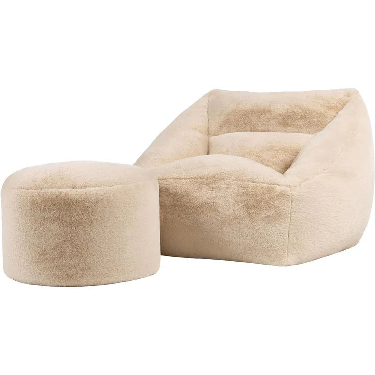 Icon Natalia Sitzsack Sessel für Erwachsene mit Hocker, Beige, Flauschiger Kaninchen Kunstfell Stoff, Riesen Sitzsack mit Füllung, Bean Bag, Bequemer Sessel Wohnzimmer, Lounge, Schlafzimmer, Büro