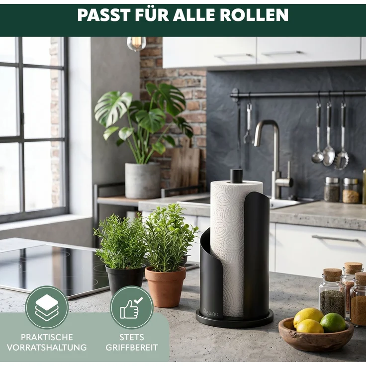eluno Küchenrollenhalter bis 28 cm oder 3 Toilettenpapierrollen aus Edelstahl und Metall, schwarz, ca. Ø 15,5 x 31 cm – Bild 2