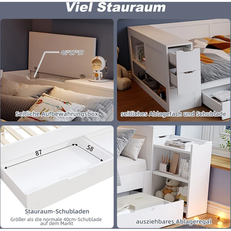 Kinderbett,Daybed, 90 x 200 cm, Einzelbett, multifunktionales Kinderbett mit Schubladen, Regalen und Stauraum, mit nachttisch,mit Stauraum, ohne Matratze, weiß – Bild 9