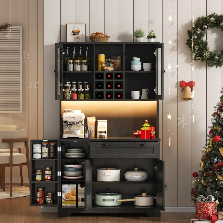 Küchenschrank, Hochschrank, Aufbewahrungsschrank, Vitrinenschrank mit Tür, integriertem Gewürzregal, verstellbaren Einlegeböden,mit farbwechselnder LED-Beleuchtung und Steckdose, 180 × 105 × 40 cm--Schwarz--105x40x180cm--YOUDENOVA – Bild 10