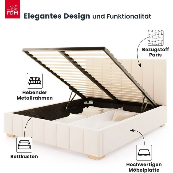 FDM Polsterbett DENTON modern mit Bettkasten MADE IN EU - mit hochwertigem Paris Bezug (verfügbar 90x200 120x200 140x200 160x200 180x200cm, Bettrahmen, Bett, mit großen gepolsterten Kopfteil, mit Bettkasten zum aufklappen), Hebbarer Metallrahmen, Bettk... – Bild 2
