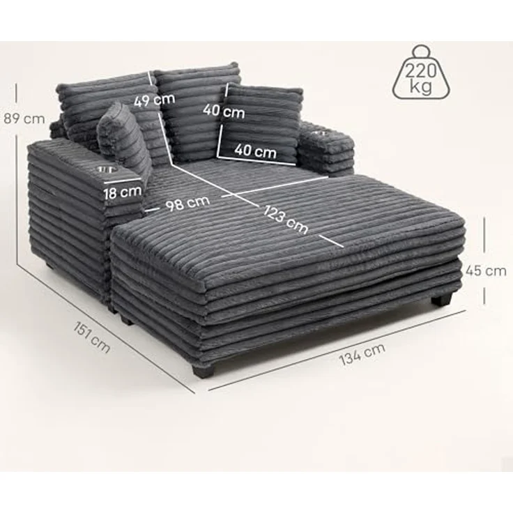 HOMCOM Schlafsofa 2 Sitzer Chaiselongue 134 x 151 cm Groß Sofa mit Bettfunktion, Sofabett 1 Teile, Mit Becherhalter und Bettfunktion – Bild 3