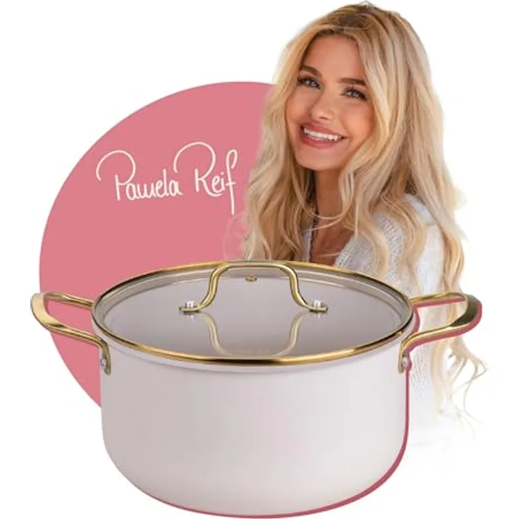 Fackelmann x Pamela Reif Kochtopf 24 cm mit Deckel, recyceltes Aluminium, PFAS-freie Keramikbeschichtung, pastell-beige, Induktion geeignet