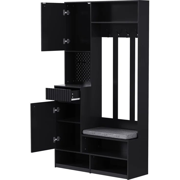 Garderobenset, Komplett-Set Flurgarderobe mit Sitzbank, 4 Haken, Türen & Schubladen - Schwarz , Kompaktmaße 100×180×35 cm (B×H×T) – Bild 9