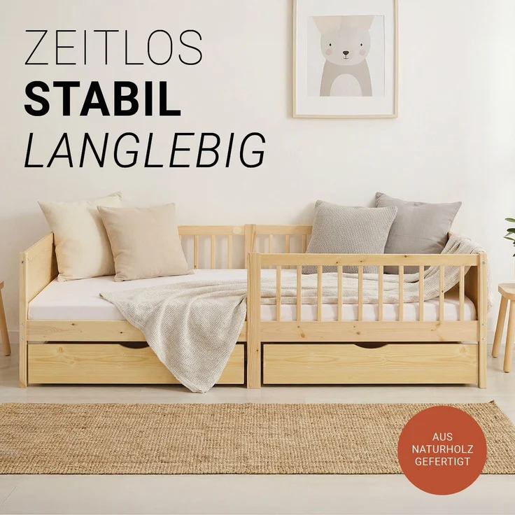Kinderbett 90x200 cm mit Matratze 2 Bettkästen Rausfallschutz Holzbett Natur Einzelbett Gitterbett Holzbettrahmen – Bild 5
