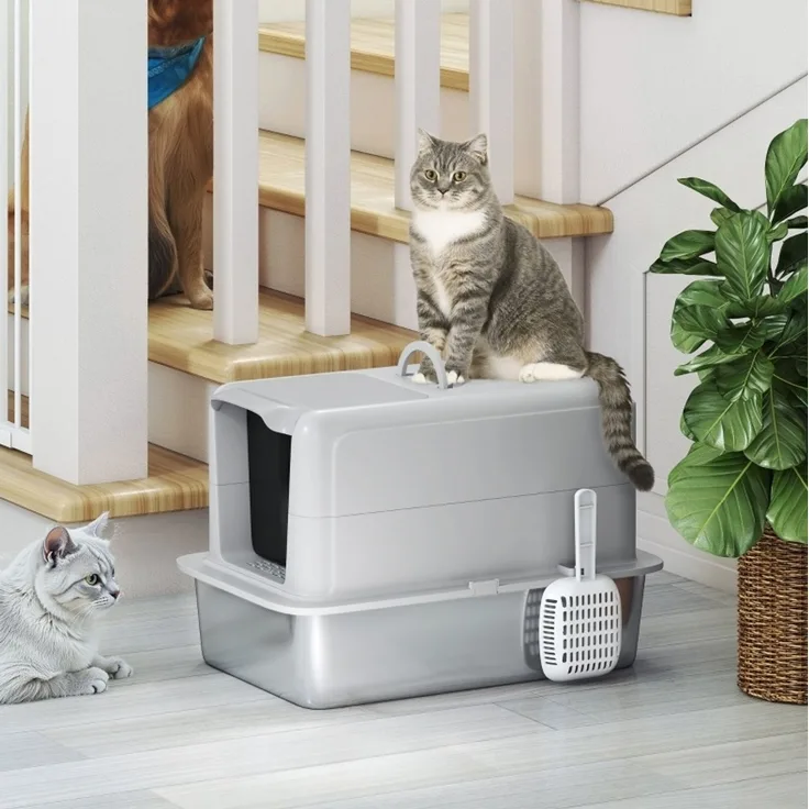 Katzentoilette aus Edelstahl mit Deckel und Streufilter, 40,5x60,5x41,5 cm, Grau