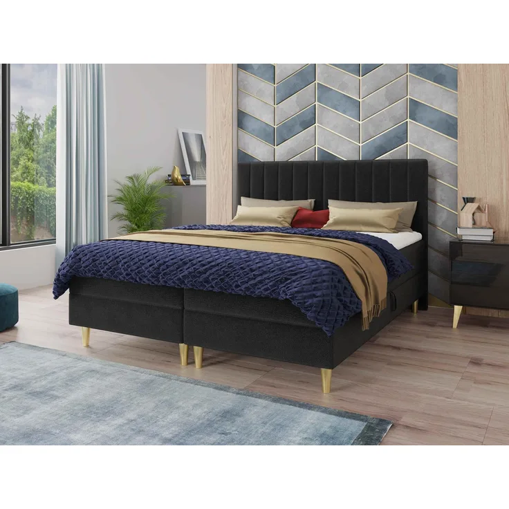Boxspringbett Gold mit 2 Bettkästen und Topper - Doppelbett, Bonell-Matratze, Polsterbett, Bett mit Matratzentopper, Schlafzimmer, Velours Stoff (Schwarz (Manila 18), 140 x 200 cm)