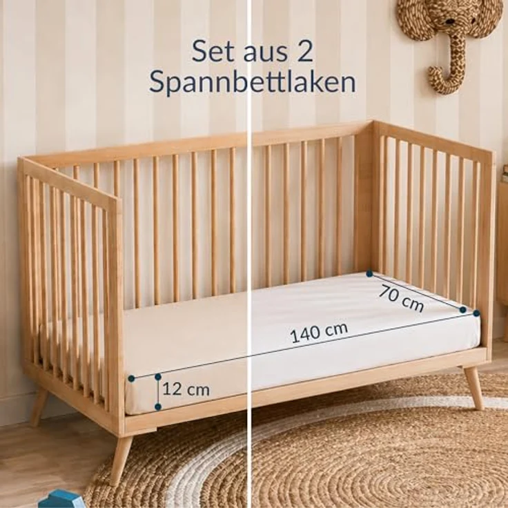 Twinzen 2er Set Jersey Spannbettlaken 70x140 cm Weiß und Beige | Weich & hautfreundlich · Atmungsaktiv · Rundumgummi für sicheren Halt · Waschbar bei 60 °C · OEKO-TEX zertifiziert – Bild 2