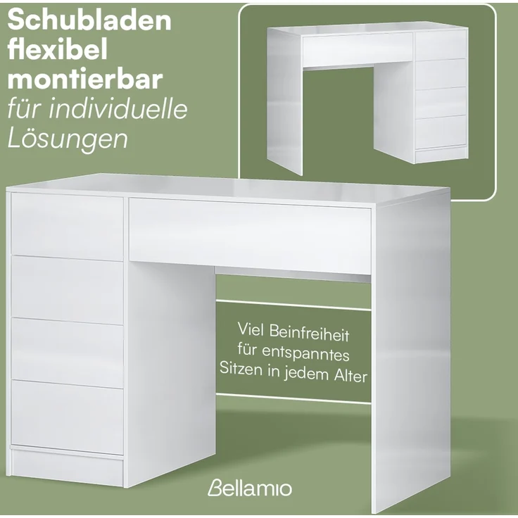 Bellamio 'Livny' Schreibtisch mit 5 Schubladen, beidseitig montierbar, weiß Hochglanz, 80x53x110 cm, Computertisch mit Stauraum, Bürotisch mit Push-to-open, geeignet als Schminktisch – Bild 4