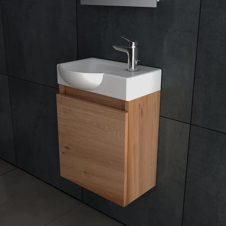 Alpenberger Badezimmer-Set aus Handwaschbecken mit Unterschrank - Bad Waschtisch Bamboo Optik, (Komplett-Set Midi Waschplätze, 2-St, Vormontiertes Badmöbel Hängeschrank), Wandschrank mit Soft-Close-Funktion, pflegeleicht & platzsparend – Bild 3